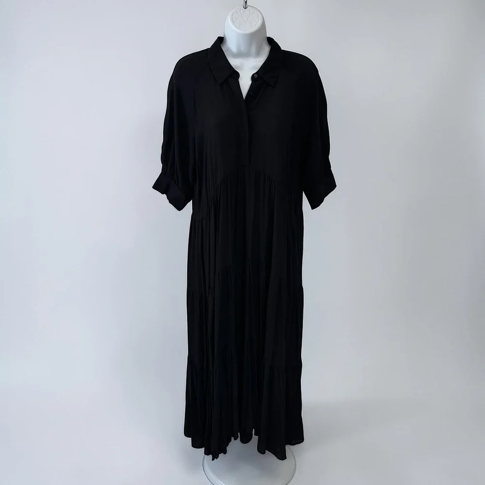 A Loves A Button Down Cuff Sleeve Tiered Waistless Midi Shirt Dress Size M Black - Picture 2 of 11